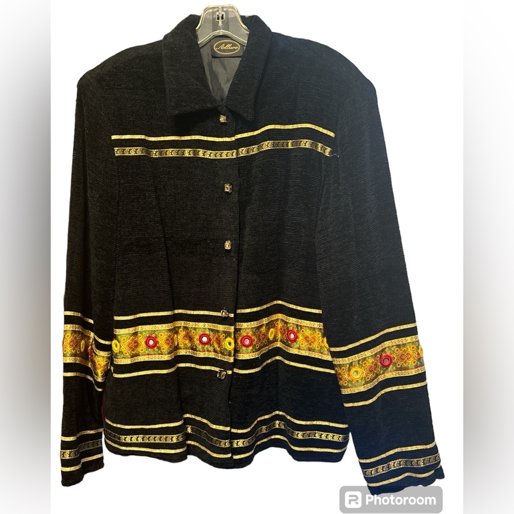Allure Vintage Black Chenille Boho Chic Gold Ribbon Artsy Embroidered Jacket